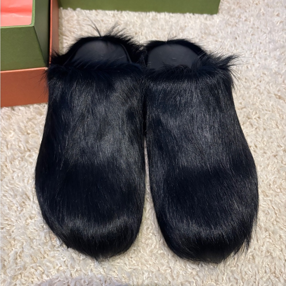 Marni Black Fur Slippers Plush Slip-On